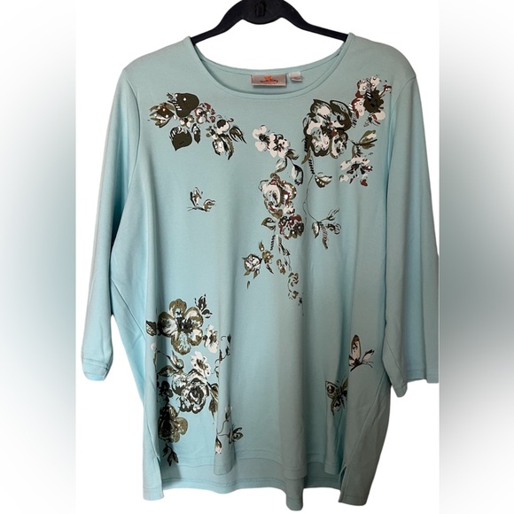 Quacker Factory Light Blue Shirt with Flowers and Rhinestones - Picture 1 of 11
